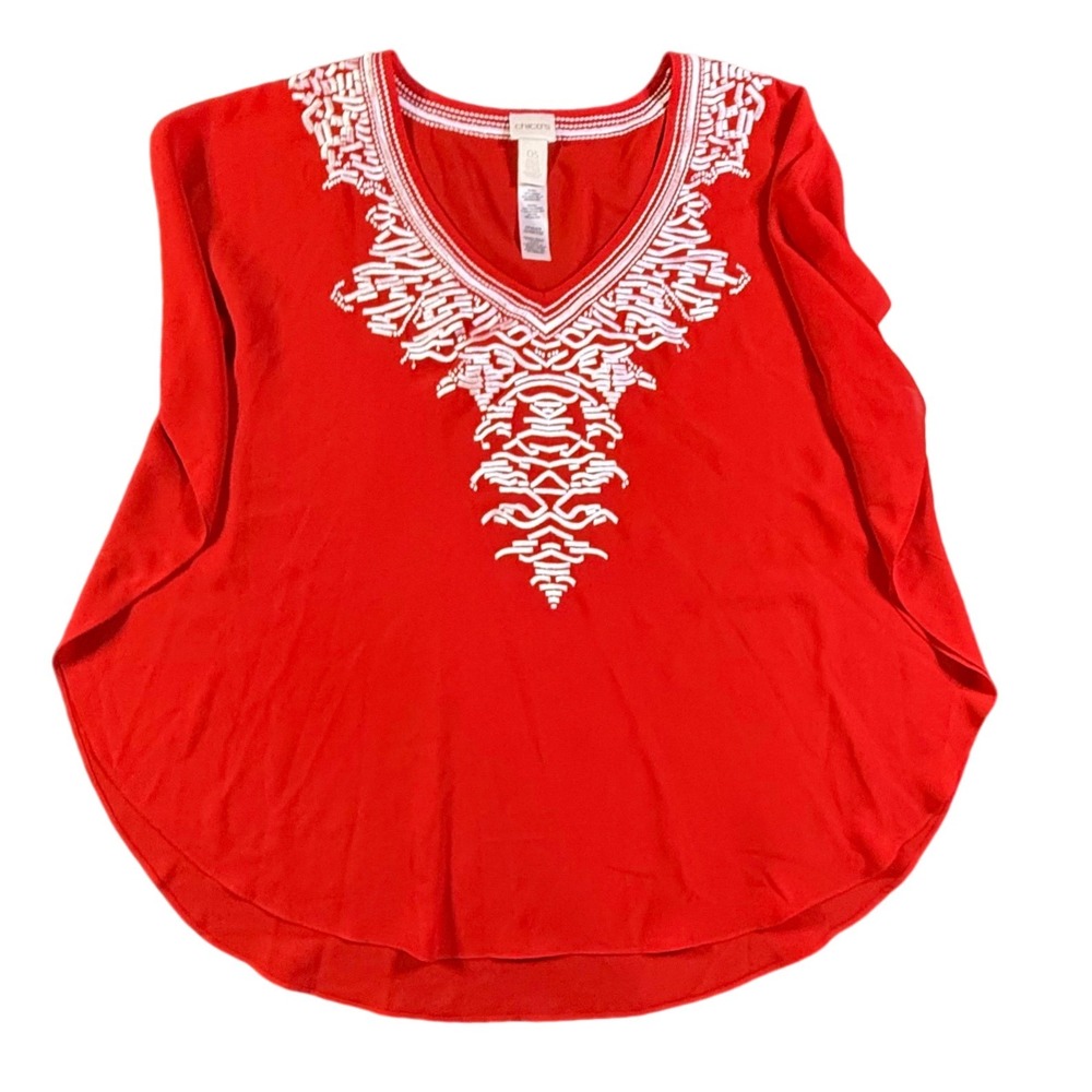 Chicos‎ Red Embroidered V Neck Top One Size OS Blouse Shaw Poncho Boho Casual